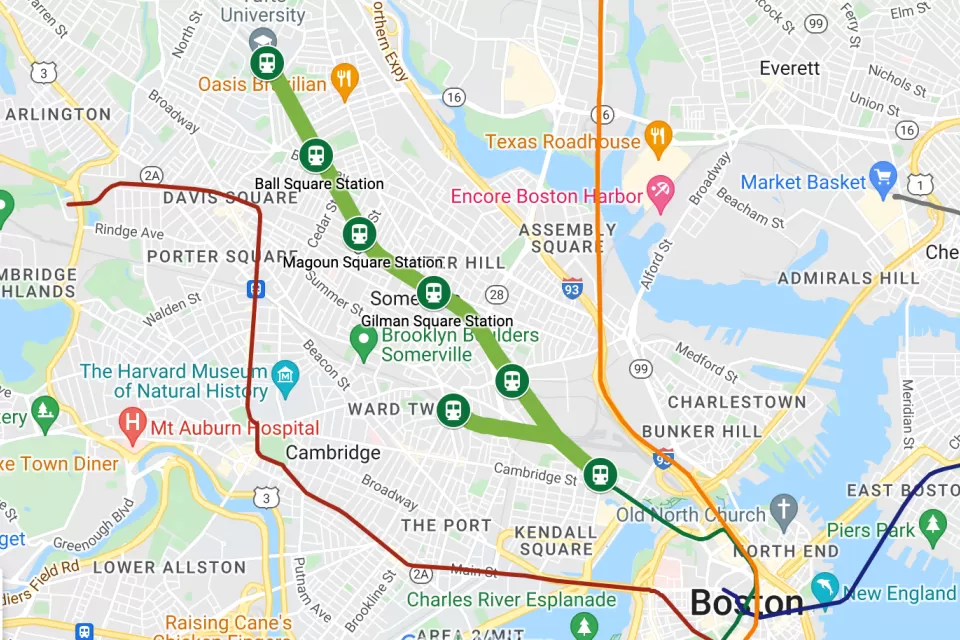 A map showing the route of a light rail transit line from Boston up through Somerville and Medford.